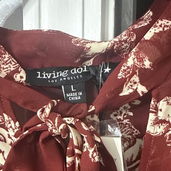 living doll Burgundy and Cream Floral Long Sleeve Tie-Neck Dress - Picture 3 of 6